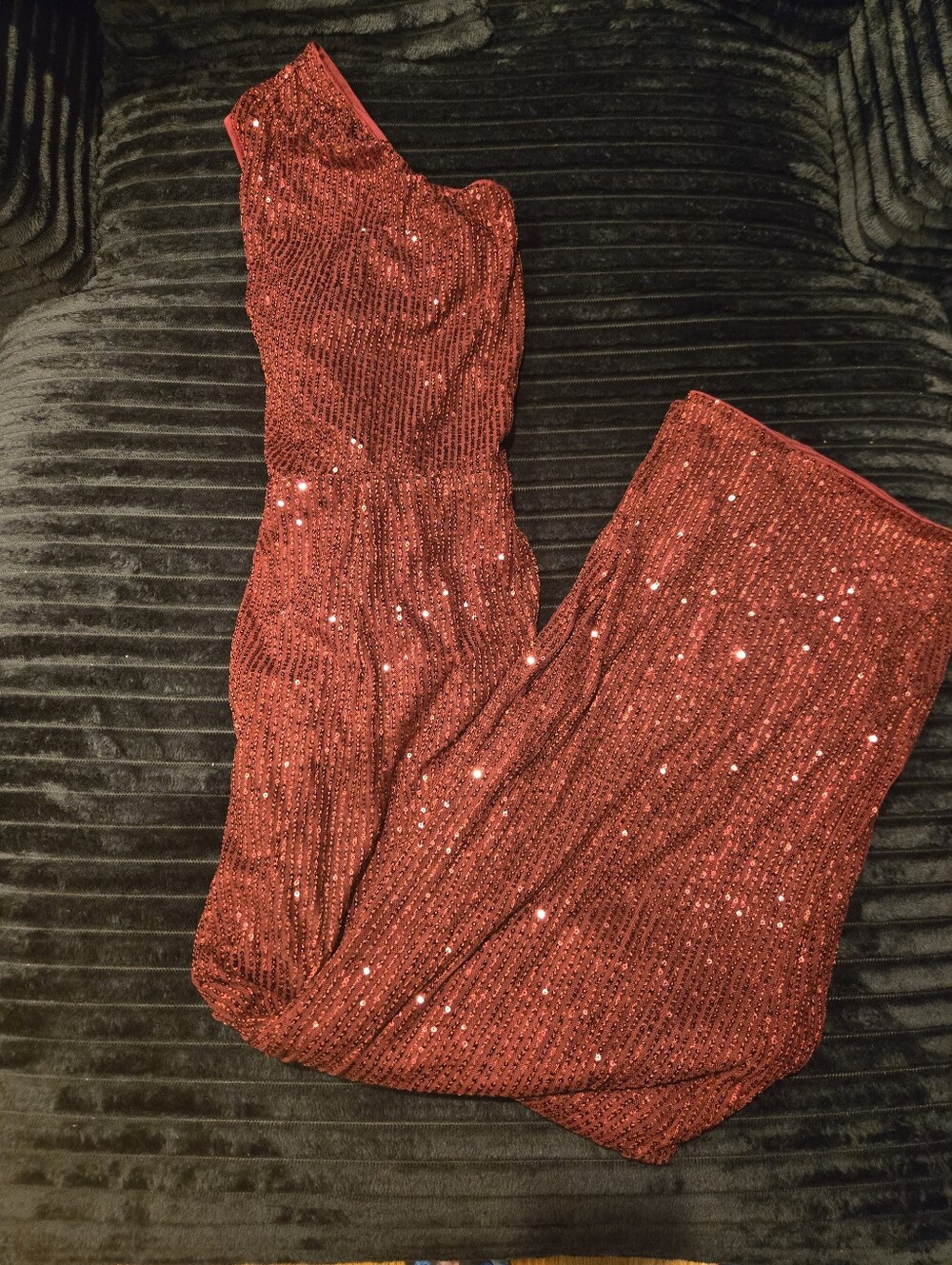 SHEIN One-Shoulder Burgundy Sequin Jumpsuit with Tie Waist - Picture 2 of 4